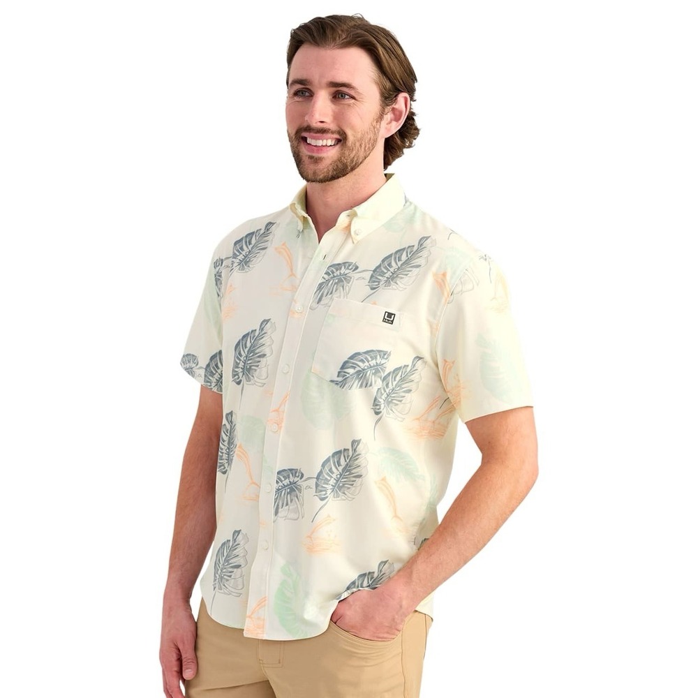 Huk Pursuit Fishing Shirt Size XXL Cream Tropical Marlin Button Down Performance